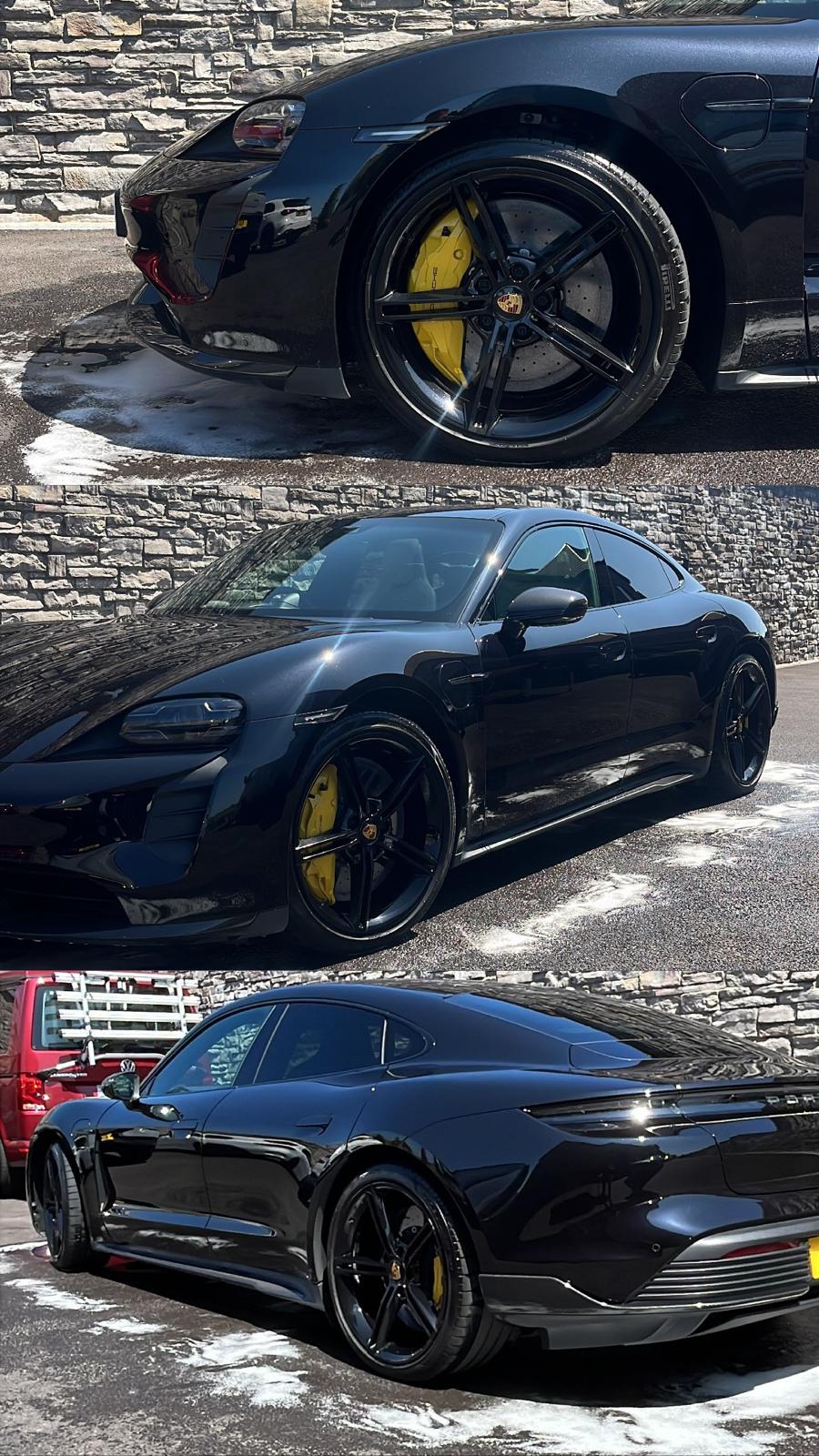 Black Porsche Taycan rear three-quarter after ceramic coating by The Auto Spa