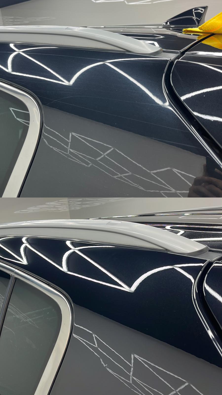 Before-and-after machine paint correction on a black roof panel, heavy swirl marks removed to restore reflection depth